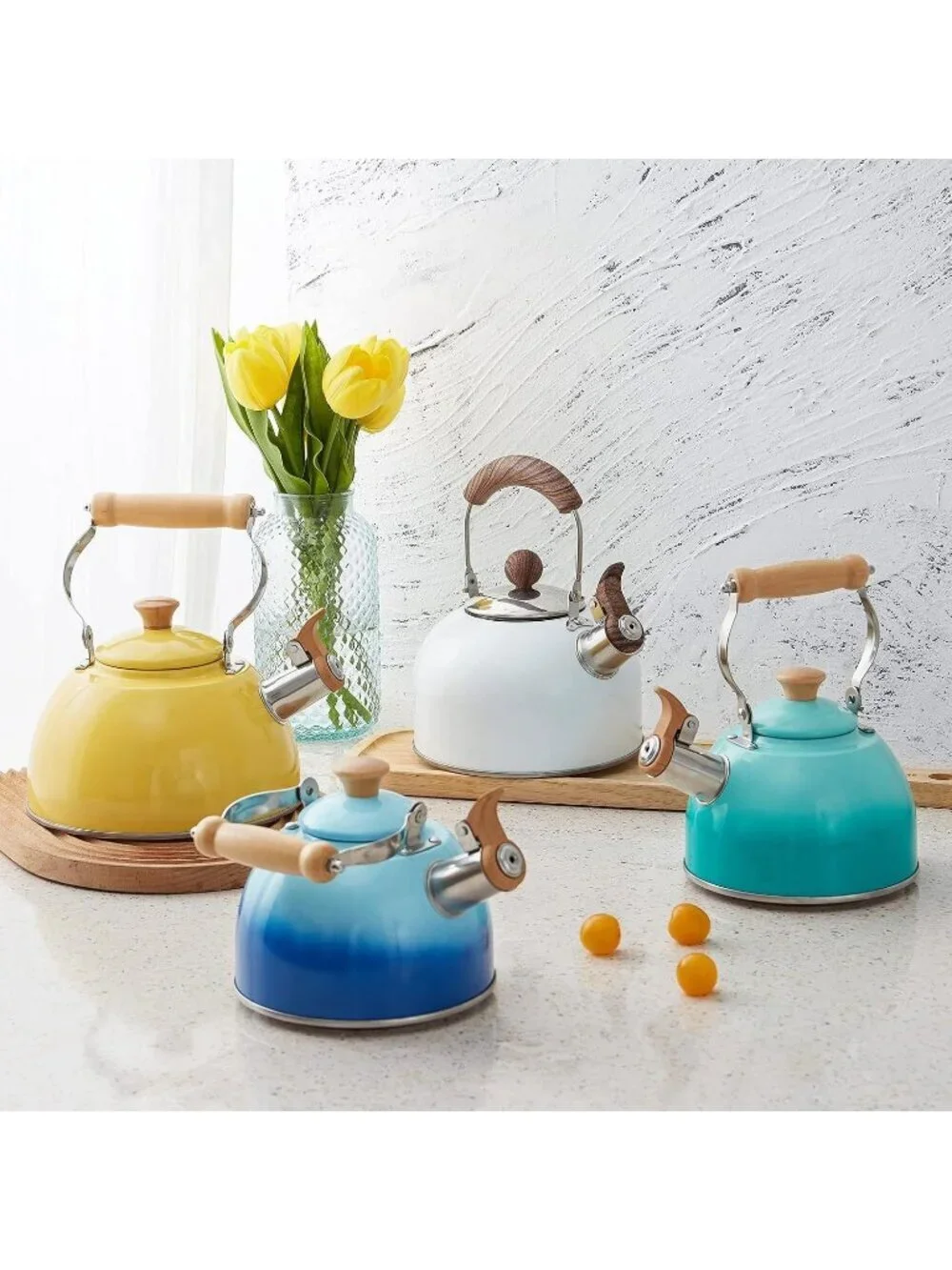 ROCKURWOK 1.6 Quart Blue Whistling Tea Kettle Stainless Steel Stovetop Tea Pot